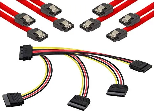 POPPSTAR SATA Kabel Set (Stecker gerade), 4x 0,5m Sata 3 Datenkabel, rot + 20cm 4-Fach Sata Y-Stromkabel Adapter