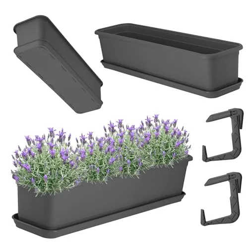 KADAX Blumenkasten 60 cm mit Untersatz und Halterung, Anthrazit – Balkonkasten aus Kunststoff, Pflanzkasten für Innen- und Außenbereiche, Blumentopf für Balkon