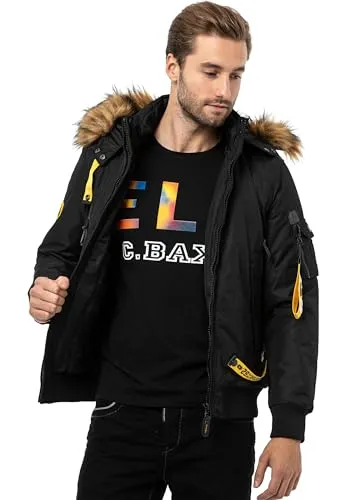 Cipo & Baxx Herren Mantel CM220 Schwarz – Stylische Winterjacke im modernen Design mit warmem Innenfutter, abnehmbarer Kapuze und funktionalen Details für kalte Tage - CM220 Schwarz M