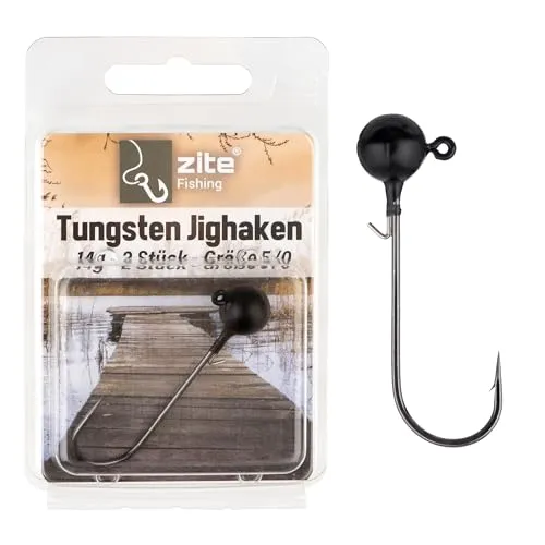 Zite Fishing Tungsten Jighaken Set | Bleifrei Jigköpfe mit Angelhaken 1/0-5/0 Matt-Schwarz | Ultrascharfe Jigheads Haken Barsch & Zander Angeln | Gummiköder Haken mit Angelgewicht (5/0 14g)