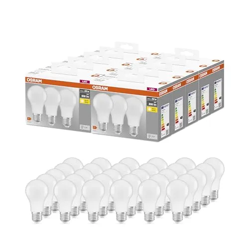 Osram BASE CLASSIC A 60 FR LED-Lampe E27, warmweiß, 3er Pack - Helle und energiesparende LED-Lampe mit warmweißem Licht. Ideal für angenehme Beleuchtung, lange Lebensdauer von bis zu 10.000 Stunden und sofortige Lichtqualität ohne Aufwärmzeit.