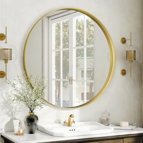 Koonmi runder Wandspiegel 76 cm, tiefer Metallrahmen, Gold in gold von Koonmi