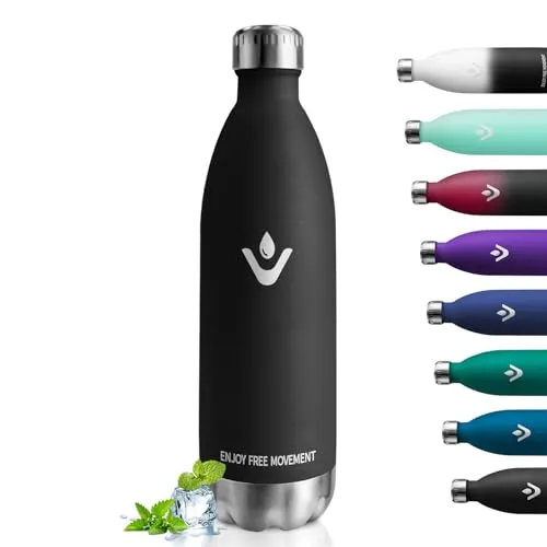 Trinkflasche 1L, Thermosflasche Kohlensäure Geeignet, Isolierflasche BPA-Frei Auslaufsicher, Vakuum Thermosflasche, Wassflasche Edelstahl für Sport, Erwachsener, Kinder, Fussball, Uni, Reisen