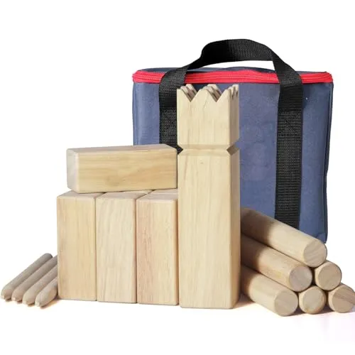 JacJoe All Pro Kubb Spiel im Freien | Wurfspiel mit Tragetasche | Kegelspiel | Gummi Holz Garten Rasen Spiele | Wurfspiel mit Tragetasche (30 x 7.5 x 7.5 cm-King, L)