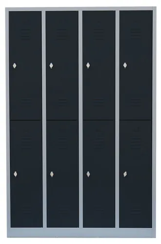 Steelboxx Spind Garderobenschrank, 4 Abteile doppelstöckig - Spinde für Umkleide- und Pausenräume, komplett verschweißt und montiert. Langlebige Stahlkonstruktion mit 4 doppelstöckigen Abteilen und Geräuschdämpfung für optimale Nutzung.