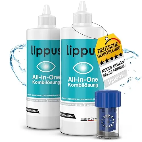 lippus PREMIUM All-In-One Kontaktlinsenflüssigkeit - Kontaktlinsenpflegemittel, Made in Germany, reinigt und desinfiziert, ideal für weiche Linsen sowie Wochen- und Monatslinsen, inklusive praktischen Kontaktlinsenbehälter.