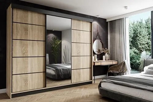 KIER FURNITURE Schiebegarderobe - Schrank Schlafzimmer – Schlafzimmerschrank – Wardrobe Bedroom – Kleiderschränke – Kleiderschrank Sonoma-Eiche – 250x200x62