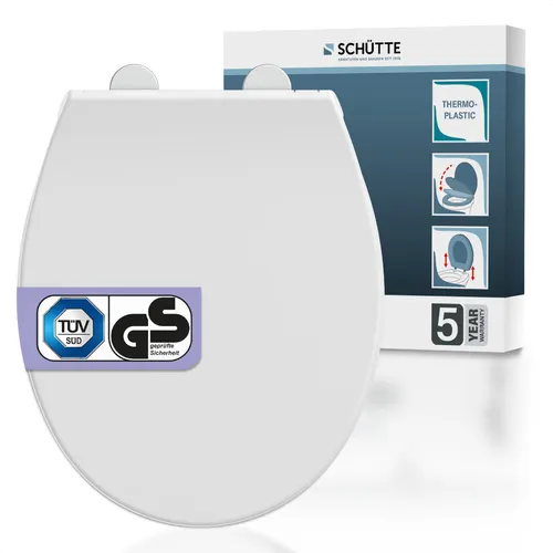 SCHÜTTE Thermoplast WC-Sitz WHITE mit Absenkautomatik - Hochwertiger WC-Sitz mit doppelter Absenkautomatik für geräuschloses Schließen. Pflegeleichte Oberfläche und universelle O-Form für einfache Montage und langanhaltende Qualität.