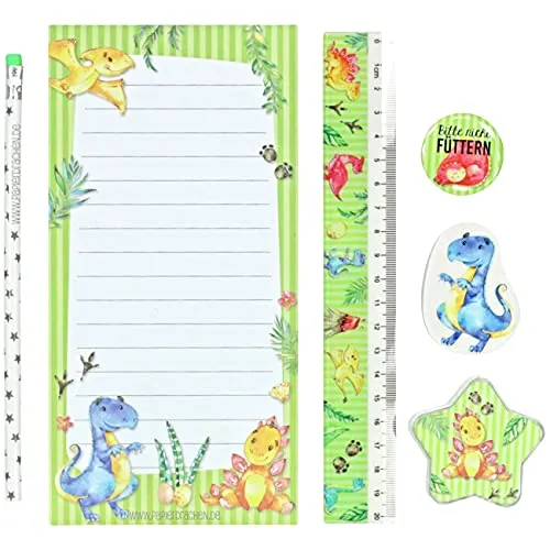 Papierdrachen 6-teiliges Schreibset für Grundschul Kinder | Dino-Motiv | mit Bleistift Spitzer Lineal Radierer Schreibblock | Geschenkidee zur Einschulung | Mitgebsel für Kindergeburtstag | Set 4