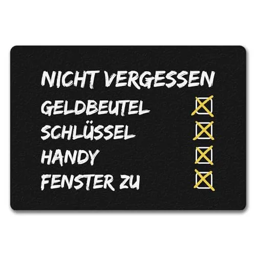 trendaffe Nicht vergessen - Geldbeutel Schlüssel Handy Fenster zu Fußmatte randlos mit Checkliste Motiv