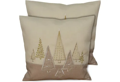 matches21 HOME & HOBBY Kissenbezüge 2er Set Kissenhüllen 40x40 cm beige mit Tannenbaum als Weihnachts-Deko, (2 Stück), Zierkissen-Bezüge für Sofa-Kissen, Couch-Kissen