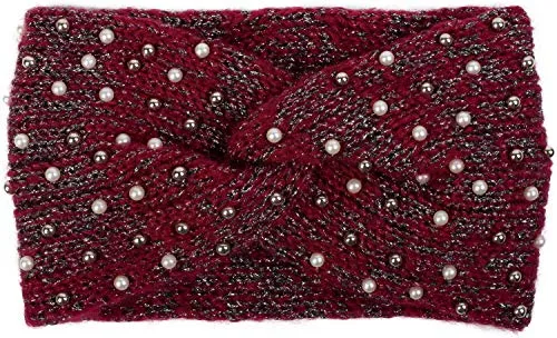 styleBREAKER Damen Strick Stirnband mit Perlen, Metallic Garn und Twist Knoten, warmes Winter Haarband, Headband 04026029, Farbe:Bordeaux-Rot-Schwarz