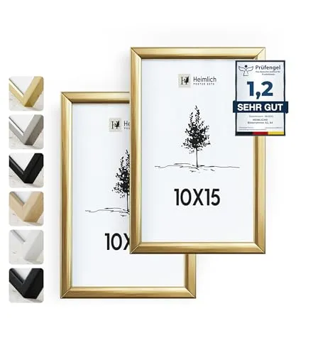 Heimlich® – Bilderrahmen – 10x15 cm, Aluminium-Metall, Gold, 2er-Pack – Kleine Bilderrahmen mit Folienabdeckung – Wandmontage oder Tischaufsteller