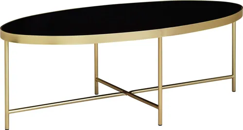 Eleganter Ovaler Design Couchtisch aus Glas Schwarz mit Gold Metallgestell - Stylischer Couchtisch mit großzügiger ovale Tischplatte, ideal für Zeitschriften und Snacks. Stabil und kratzfest, perfekt für jedes Wohnzimmer.