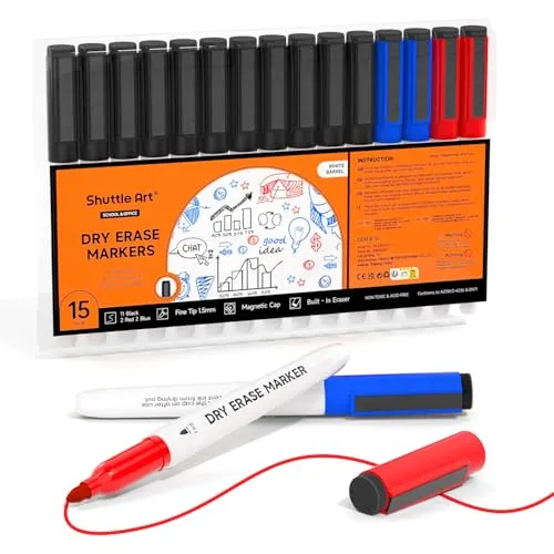 Shuttle Art Whiteboard Marker Set, 15 magnetische Whiteboard Marker in 3 Farben, abwischbare Whiteboard Stifte mit Radiergummi, Dry Erase Marker mit feiner Spitze, Folienstift abwischbar für Weißwand