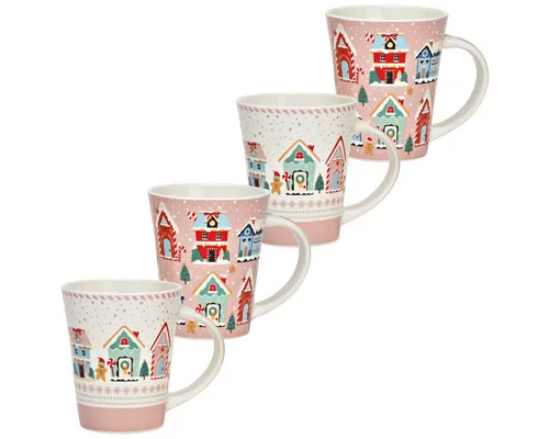 matches21 HOME & HOBBY Tasse Weihnachtsdorf Weihnachts-Tassen 4er Set rosa bunt in 10 cm, 350 ml, 4-tlg., Porzellan, Spülmaschinenfeste Kaffeetassen Kaffee-Becher als Glühweintassen