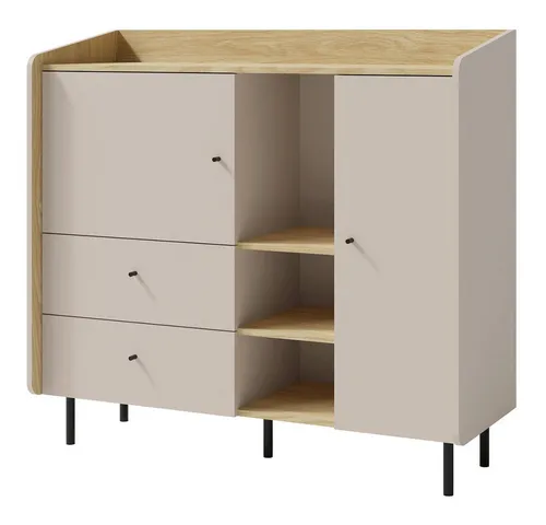 Lomadox Kommode ALAMO-133, sandbeige mit Eiche Nb., 2 Schubladen, 2 Türen, 3 offene Fächer