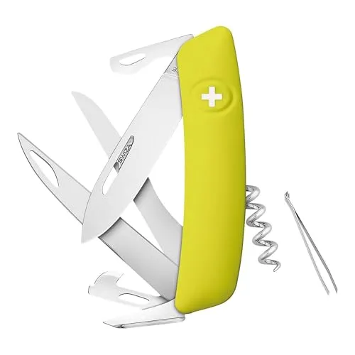 Swiza Herren D07 Taschenmesser, gelb, 17 cm - Taschenmesser in leuchtendem Gelb mit ergonomischem Design für Rechts- und Linkshänder. Ideal für vielseitige Anwendungen dank 7,5 cm langer Klinge aus rostfreiem Edelstahl.