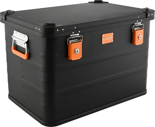 ALUBOX Aluminiumkiste Transportbox 78 Liter - Schwarz - Robuste Aufbewahrungsbox aus matt schwarz pulverbeschichtetem Aluminium, ideal zum sicheren Transport von Gütern. Mit 78 Litern Volumen und Schutz gegen Staub und Spritzwasser.