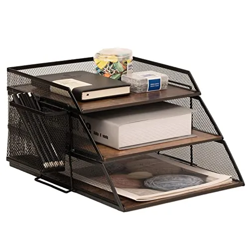 Produktbild Briefablage aus Holz und Metall im Vintage-Stil, stapelbarer Schreibtisch-Organizer, Papierablage, für Akten, Zeitschriften, Post, mit Stifthalter (3 Stufen)