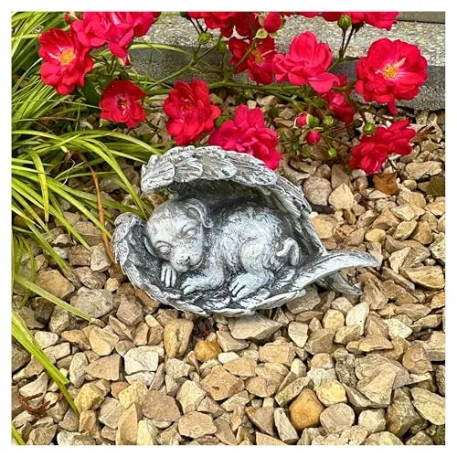 Radami Engel Gedenkstein Grabengel Grabherz - mit Hund - Grabschmuck Grabdekoration Grab Hund