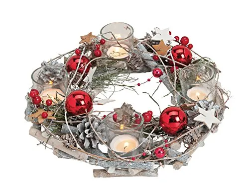 Teelichthalter Adventskranz aus Holz/Kunststoff Kugeln aus Glas, B8 x T29 cm