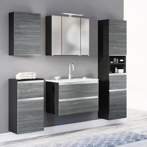 Badezimmer Badmöbel Set mit LED-Beleuchtung - Modernes Badmöbelset mit 5 Teilen, inklusive Hängeschrank und Waschtisch. Hervorragende LED-Beleuchtung sorgt für eine stilvolle Atmosphäre im Badezimmer.