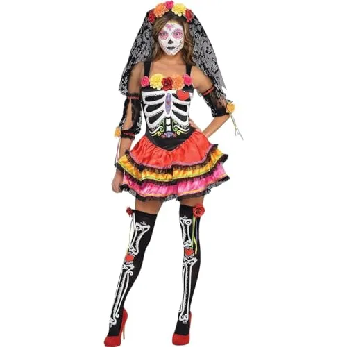Amscan Damen Day Of The Dead Señorita Kostüm (Größe L) - Kostüm in Größe L (42/44) mit attraktivem Design und hochwertigen Materialien. Inklusive Kleid mit Reißverschluss, Choker und Stirnband. Ideal für Karneval und Fasching.