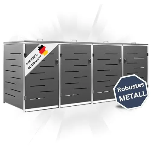 DELUKE 4er Mülltonnenbox JAGU Edelstahl | Anthrazit - Mülltonnenbox für 4 x 240L, rostfreies Edelstahl-Design, optimale Luftzirkulation und sicheres Verschlusssystem sorgen für ein sauberes Umfeld.