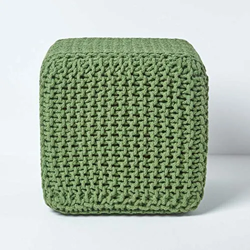 Homescapes Gestrickter Sitzwürfel aus 100% Baumwolle, tannengrün - Poufs – Stilvoller, strapazierfähiger Sitzwürfel in elegantem Grünton, ideal als zusätzliche Sitzgelegenheit oder Beistelltisch.