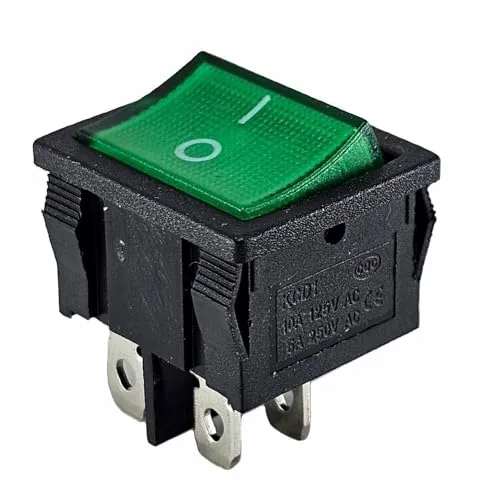 Wippenschalter grüne Wippe 4 pin 6A 250VAC Geräteschalter, Rahmenmaße ca. 21x24 mm, beleuchtet