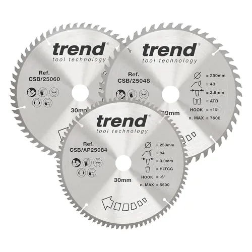 Trend Holz Kreissägeblatts 3er-Pack 250mm - Kreissägeblätter mit alternierenden Zahnformen für präzise, glatte Schnitte. Mikrogranulares Hartmetall sorgt für langlebige Schneidkanten und optimale Leistung.