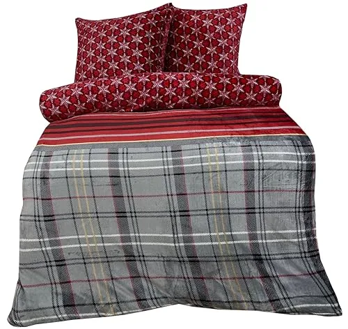 one-home Winter Bettwäsche Teddy Plüsch Nicki Cashmere Touch Coral Fleece Flauschig Kuschelig Warm Weich, Größe:3 teilig 200x200 cm, Farbe:Schneeflocken Kariert rot grau