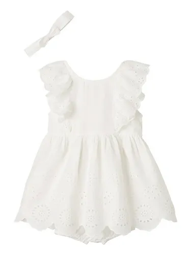 VERTBAUDET Zeremonie-Set für Babys, Kleid, Bloomer und Stirnband, elfenbeinfarben, 68 - Kleider für Baby-Mädchen, elegantes Rüschen-Kleid mit englischer Stickerei, perfekt für besondere Anlässe und unvergessliche Momente.