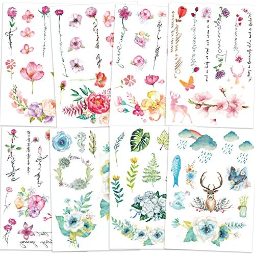 Qpout Blumen Temporäre Tattoos für Frauen Mädchen Kinder, 8 Blatt Wasserdichte Realistische Arm Ärmel Blume Rosa Rose Tätowierung Aufkleber Hand Rücken Hals Handgelenk Dekoration-Blume Vogel Reh