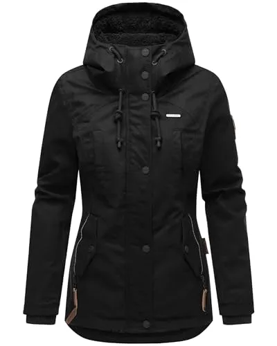 MARIKOO Damen Winterjacke mit Teddyfell Kapuze - Funktionsjacken: Stylischer Winterparka mit kuscheligem Teddyfleece-Innenfutter, ideal für kalte Tage und figurschmeichelnd durch taillierten Schnitt.