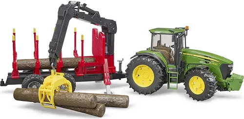 Bruder John Deere 7930 mit Rückeanhänger, Ladekran und 4 Baumstämmen