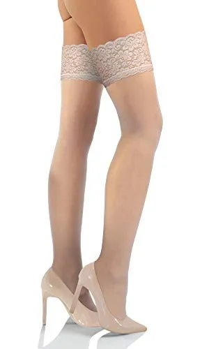 sesto senso Halterlose Strümpfe Damen 15 DEN Feinstrümpfe mit Spitze Ecru Cremefarben 3XL/4XL Sand