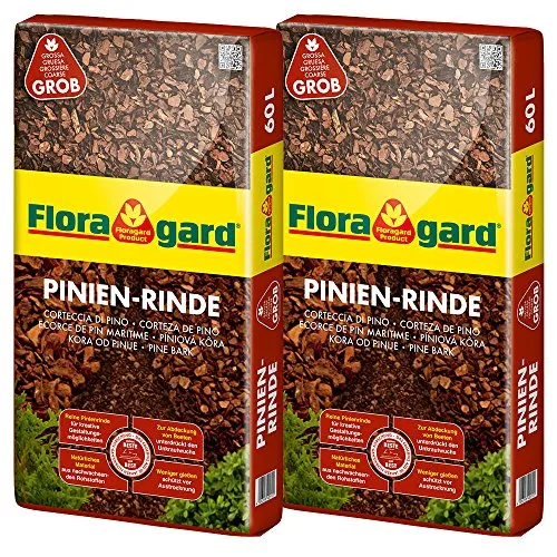 Floragard Pinienrinde Grob 25-40 mm - 2 x 60 l - Pinienrinde für kreative Gartengestaltung, unterdrückt Unkraut und schützt Pflanzenwurzeln vor Frost. Ideal für Pflanzgefäße und Terrarien, bequem auf Palette geliefert.
