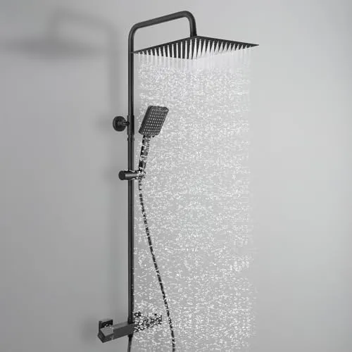 Auralum Thermostat Duschsystem Komplettset Schwarz mit 30cm Edelstahl Regendusche, 6 Strahlarten Handbrause, Höhenverstellbarer Duschstange 88-124cm, Thermostat Duscharmatur Duschgarnitur, Duschset
