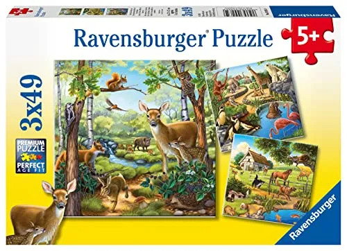 Ravensburger Kinderpuzzle - 09265 Wald-/Zoo-/Haustiere - Puzzle für Kinder ab 5 Jahren, mit 3x49 Teilen