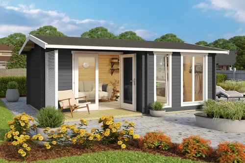 Gartenhaus Blockhaus Satteldach 44 mm Brighton 44 grau - Geräumiges Gartenhaus mit 18,5 m² Nutzfläche, stabiler Blockbohlenkonstruktion und abschließbarer Doppeltür – ideal für Gartenfreunde und Hobbyhandwerker.