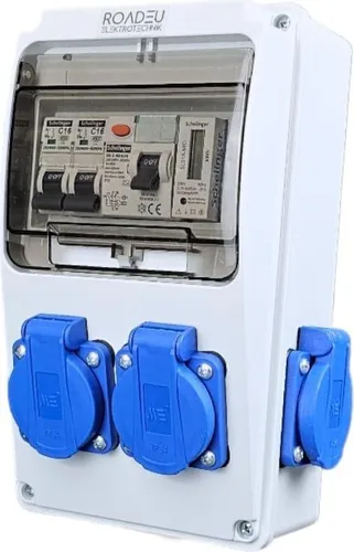 RoadEu Stromverteiler 230V mit Zähler - Baustromverteiler mit 4x Schuko Steckdosen, Fi Schutzschalter 40A und 2x C16A Leistungsschaltern. Ideal für sichere Stromverteilung im Innen- und Außenbereich.
