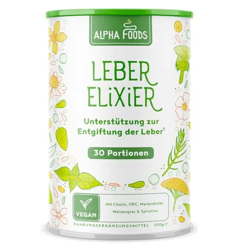 Leber Komplex Elixier 2.0 | 300g Vegan Pulver | Leberkur mit Weizengras, Spirulina, Cholin, Gerstengras, Brennnessel, Mariendistel, Löwenzahn, Chlorella | Alpha Foods