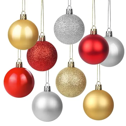 Weihnachtskugeln Plastik Set, 5 cm Durchmesser Weihnachtsbaumkugeln, dreifarbige Kombination (Gold/Silber/Rot), inklusive Glanz, Matt und Glitzer Ausführung, Christbaumschmuck aus Kunststoff 36