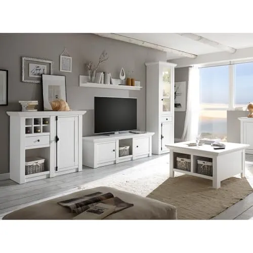 Landhaus Wohnwand Set mit Couchtisch - Weißes Wohnzimmermöbel - TV-Möbel & Schrankwände, elegantes Landhausdesign mit LED-Beleuchtung und umfangreicher Bauanleitung für einfache Selbstmontage.