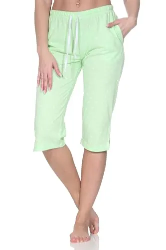 Normann Damen Schlafanzug Pyjama Capri-Hose 3/4-lang - Mix & Match - perfekt zu kombinieren, Farbe:Punkte_grün, Größe:36-38