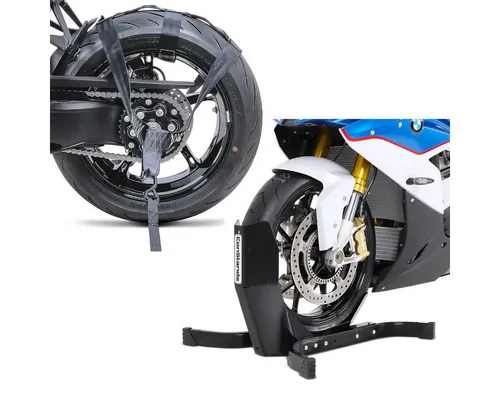 Set Motorradwippe + Spanngurt S5 von ConStands - Praktisches Set für sicheres Anheben und Fixieren von Motorrädern. Ideal für Werkstätten und Hobbymechaniker, um eine stabile und komfortable Montage zu gewährleisten.