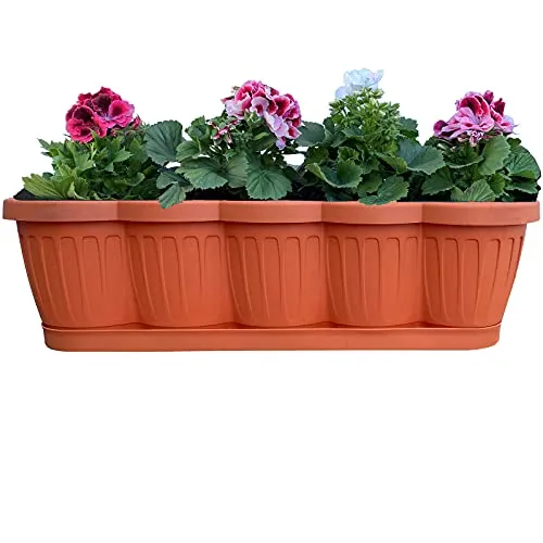 Hossi's Wholesale Blumenkasten 60cm, Balkonkasten mit Wasserspeicher, Pflanzkasten Terracotta im Wellendesign mit passendem Bewässerungsuntersetzer