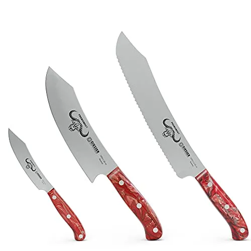 Giesser seit 1776 - Made in Germany - Messerset 3 teilig, Red Diamond, PremiumCut , Kochmesser 20 cm, Brotmesser 25 cm, Officemesser 10 cm, rot, rostfrei, Grillmesserset
